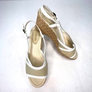 St John's Bay Women's 9M Leather/Fabric Espadrille Wedge Heel Peep Toe Sandals